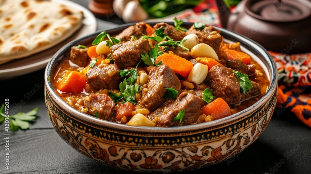 Discover the rich flavors of traditional Uzbek plov featuring lamb, garlic, and carrots in a beautifully styled setting with tea and flatbread Discover the rich flavors of traditional Uzbek plov featuring lamb, garlic, and carrots in a beautifully styled setting with tea and flatbread