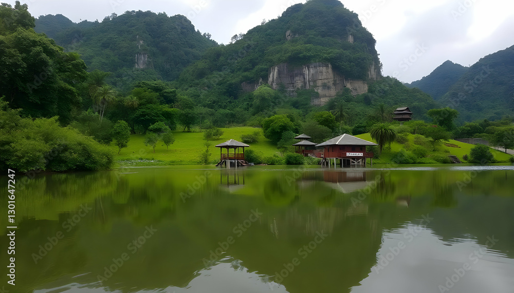Green lush landscape features lake mountain structures trees and grass Green lush landscape features lake mountain structures trees and grass