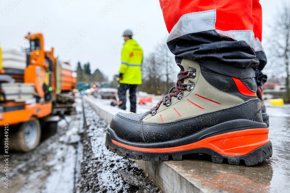 Fototapeta premium Heavy-duty work boots on construction site during winter with workers in background