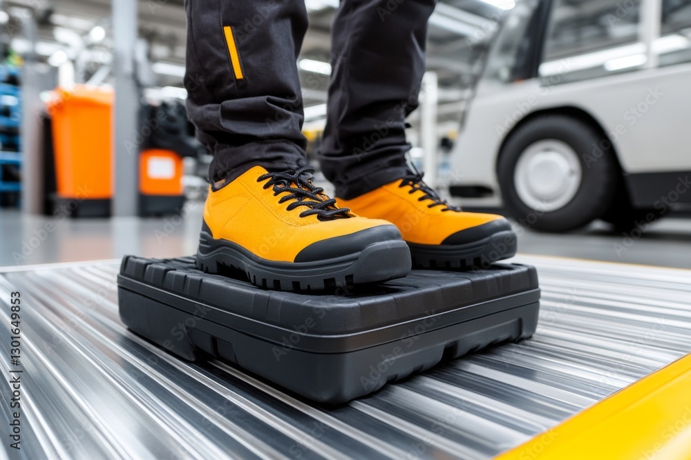 Obraz premium Worker in bright safety shoes standing on a tool case in a modern industrial workspace