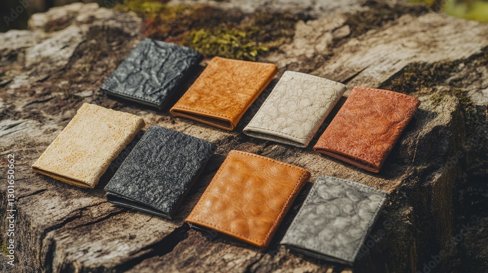 Fototapeta premium Colorful textured wallets arranged on weathered wood.