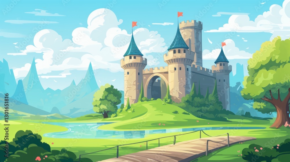 Naklejka premium Whimsical vector illustration of a majestic medieval castle landscape