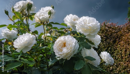 White Iseberg roses in rose garden - modern cluster-flowered Korbin floribunda rose cultivar by Kordes photo