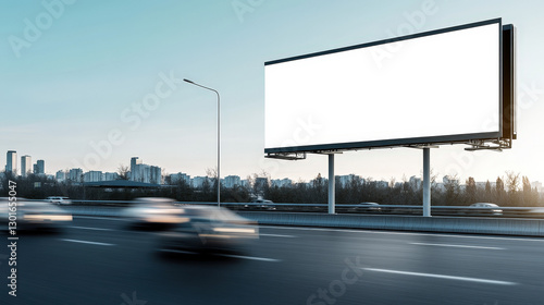 A blank billboard stands tall beside a busy highway, catching the eye of passing vehicles. The urban skyline glimmers in the evening light as cars move swiftly along the road