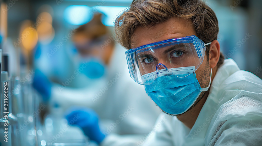 Doctor wearing face shield and mask in laboratory conducting important research during health crisis Doctor wearing face shield and mask in laboratory conducting important research during health crisis