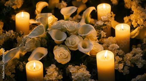 Elegant white flowers and candles, funeral ceremony, memorial, solemn atmosphere
