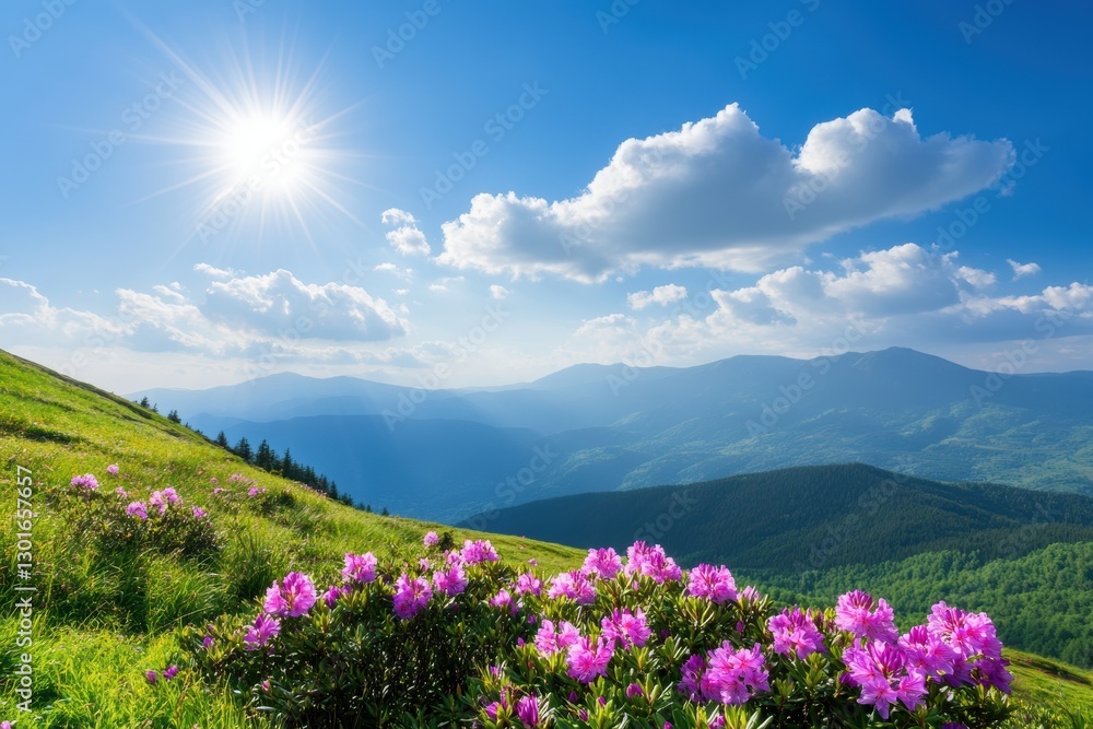 Pink rhododendrons on mountainside under blue sky Pink rhododendrons on mountainside under blue sky