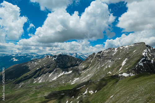 Obraz na płótnie Rugged hiking trail with panoramic view of majestic mountain peak Reitereck, Ankogel Group, Carinthia, Austria. Wanderlust in remote Lieser Malta Valley in alpine wilderness of remote Austrian Alps w salonie