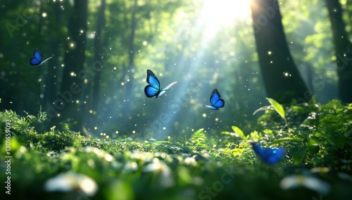 Forest scene with butterflies. Sunlight and nature. Nature background. Perfect for nature, eco, or serenity themes photo