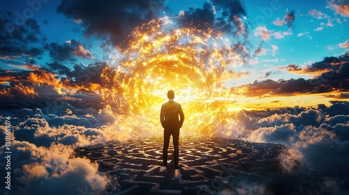 A determined businessman stands at the threshold of an intricate winding maze pathway silhouetted against a dramatic fiery sunset sky  The scene represents the challenges opportunities photo