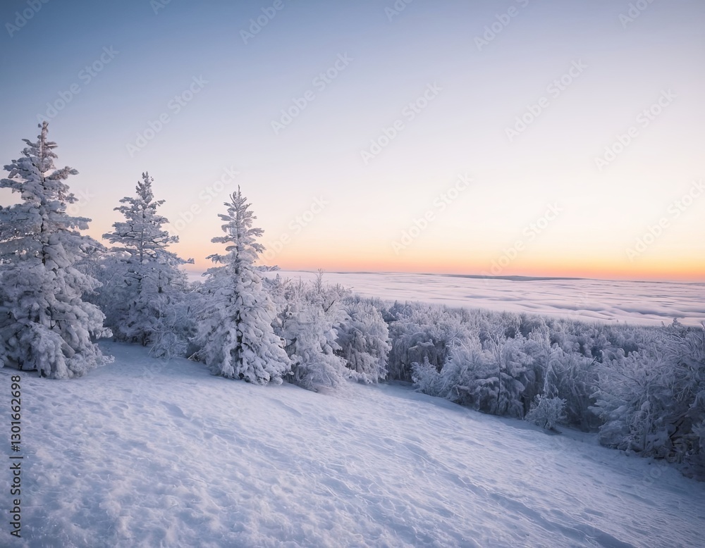 Obraz premium Winter landscape with snow-covered trees at sunrise, creating a serene and tranquil atmosphere.