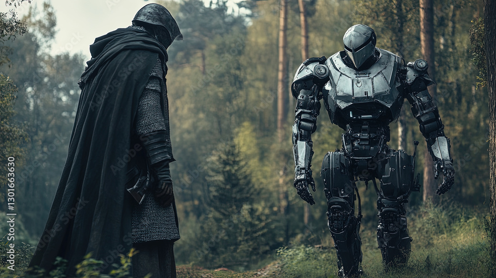 Fototapeta premium A medieval knight encountering a futuristic robot in a forest, blending historical and sci-fi elements, realistic photo
