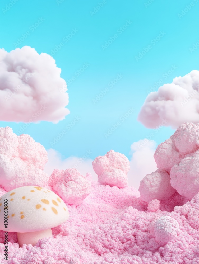Whimsical landscape with soft pink terrain, marshmallow clouds, and a dotted mushroom, idyllic and sweet Whimsical landscape with soft pink terrain, marshmallow clouds, and a dotted mushroom, idyllic and sweet