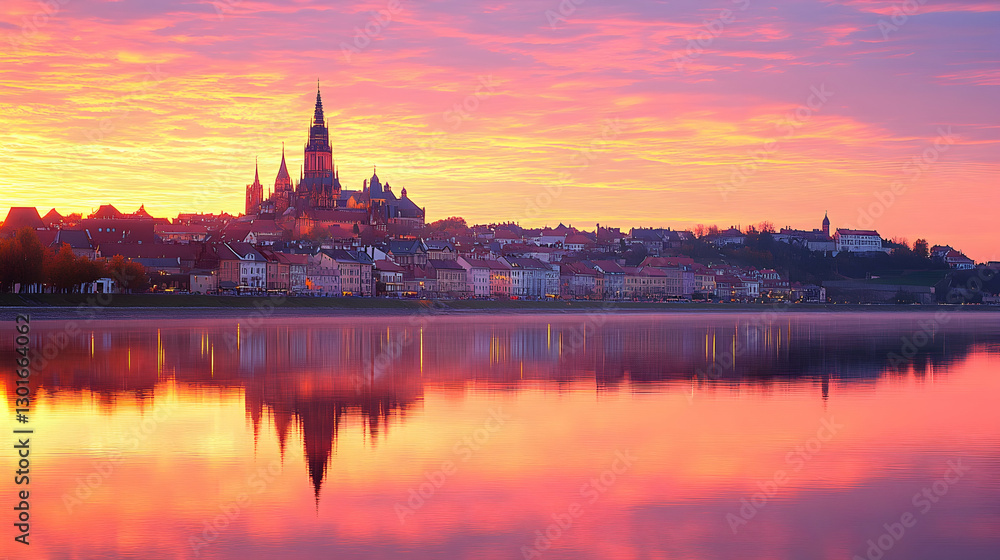Obraz premium City skyline reflected in tranquil waters at sunrise