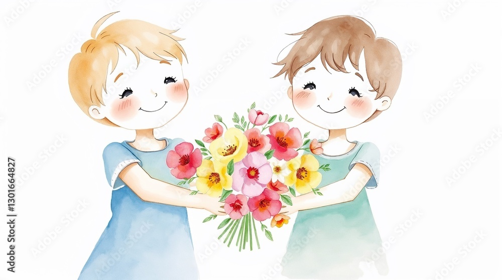 Two happy children giving a bouquet of colorful flowers in a cheerful illustration Two happy children giving a bouquet of colorful flowers in a cheerful illustration