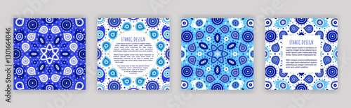 Evil eye blue mandala square card set. Ethnic greek protection symbol flyer templates. Traditional turkish spoilage sign brochures designs. EPS 10 vector backgounds