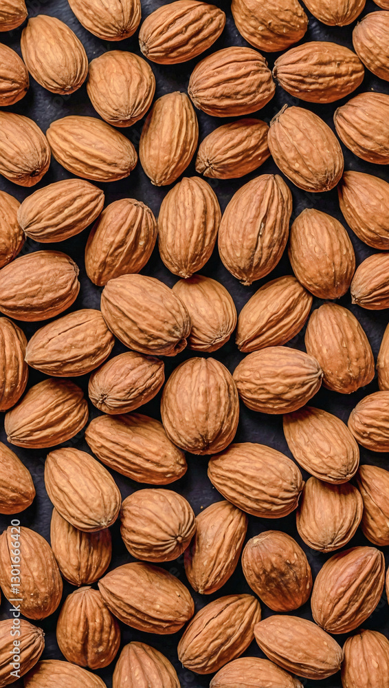 Almond nuts displayed in a top view perspective. Almond nuts displayed in a top view perspective.
