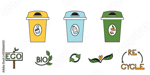 Yellow, Blue and Green Trash Bins Vector illustration; Sorting trash bins for cans, glasses and food remains. Set of colourful garbage containers, ECO, BIO and RECYCLE signs on isolated background.