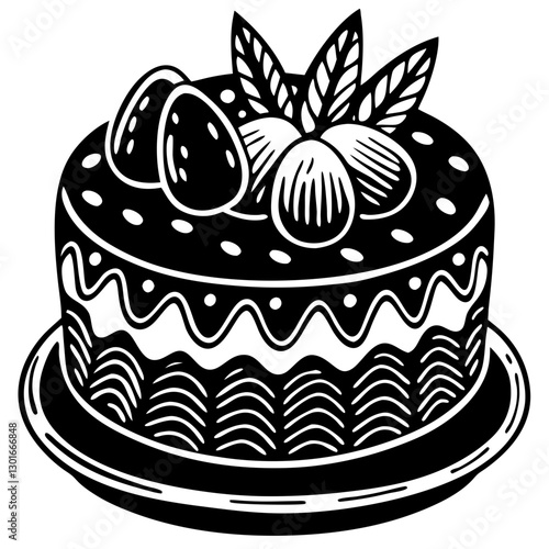 Easter Cake with Eggs  on a Plate, Black and White icon 