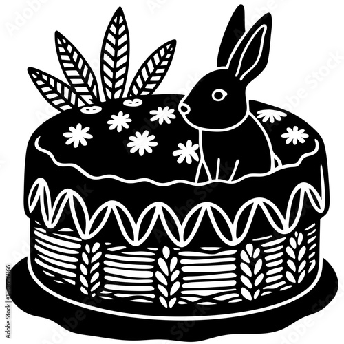 Easter Cake with Rabbit on a Plate, Black and White icon