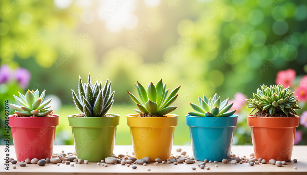 Vibrant succulent plants in colorful pots, spring gardening atmosphere Vibrant succulent plants in colorful pots, spring gardening atmosphere