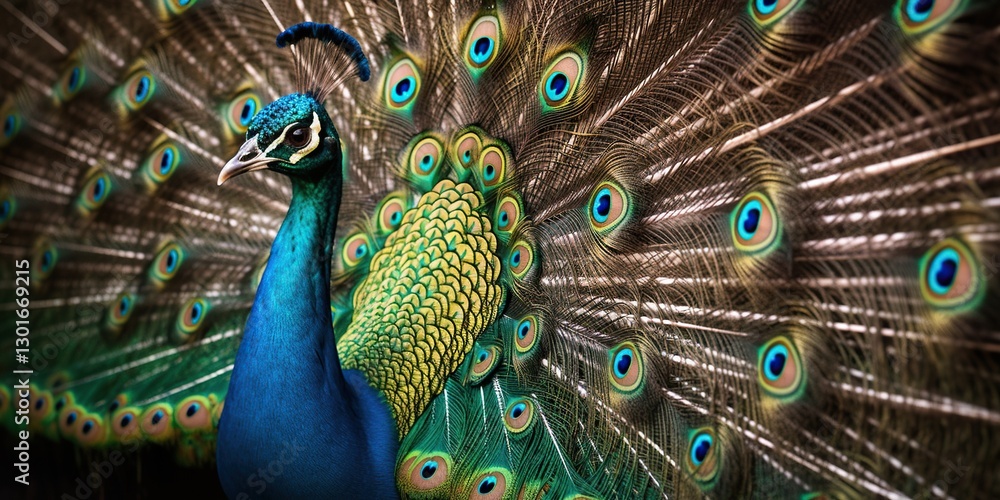 Obraz premium A Majestic Peacock Proudly Displaying Its Colorful Plumage in a Beautiful Setting