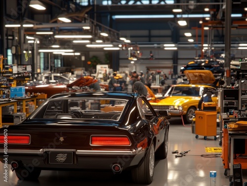 Classic muscle cars in a professional automotive restoration workshop with mechanics working on vintage vehicles under bright industrial lights