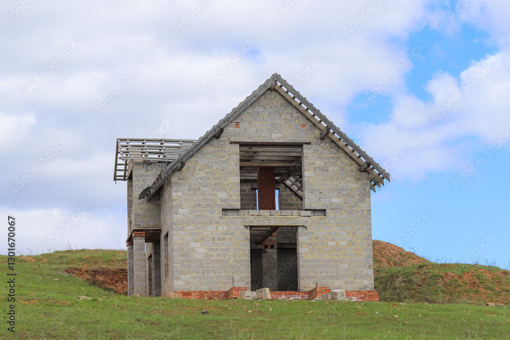 An abandoned under-construction house in a rural setting. Real estate and development concept. An abandoned under-construction house in a rural setting. Real estate and development concept.
