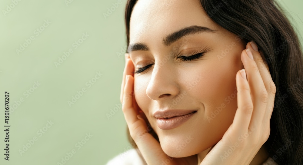 Young caucasian female enjoying relaxation with calm expression and hands on face Young caucasian female enjoying relaxation with calm expression and hands on face