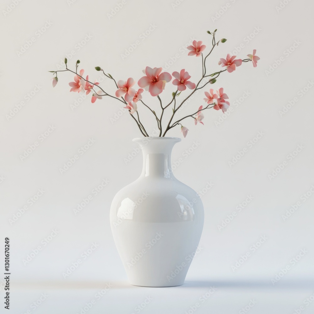 White Vase with Pink Flowers on a Light Background White Vase with Pink Flowers on a Light Background
