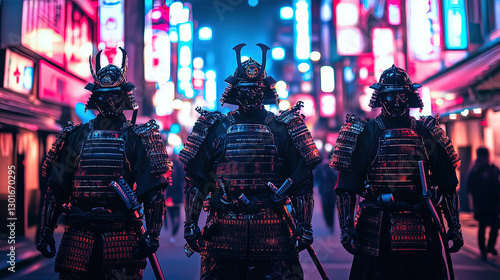 Samurai warriors in a cyberpunk Tokyo, with neon lights and traditional Japanese architecture blended with futuristic elements, realistic photo