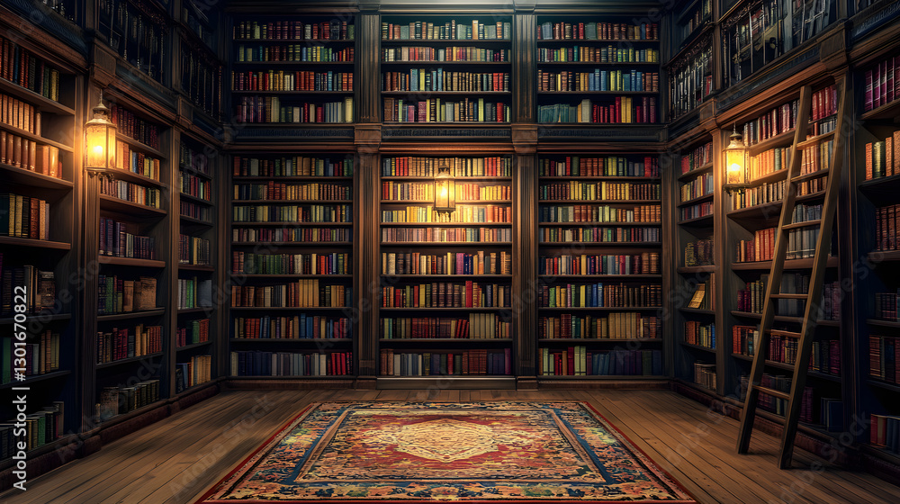 Grand Library with Bookshelves - Realistic 3D Rendered Background Grand Library with Bookshelves - Realistic 3D Rendered Background