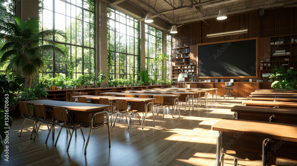 Modern eco-friendly classroom with large windows, wooden furniture, and lush green plants inside Modern eco-friendly classroom with large windows, wooden furniture, and lush green plants inside