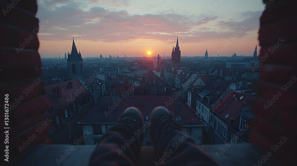 Fototapeta premium Rooftop Sunset View Through Brick Wall