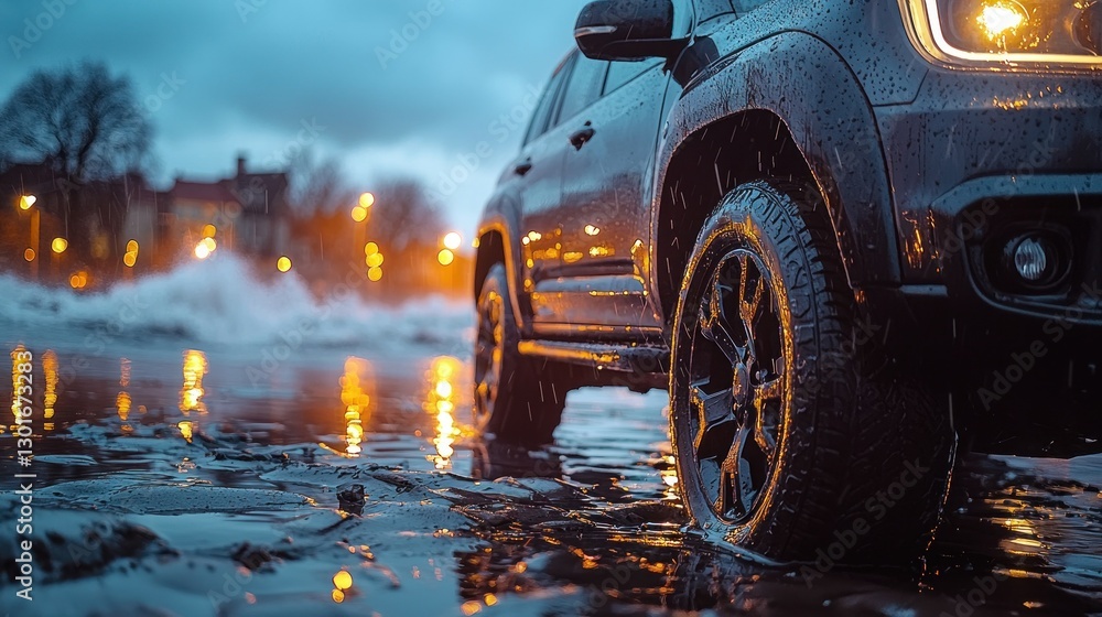 Fototapeta premium Black SUV travels through a water-filled street in the city at night