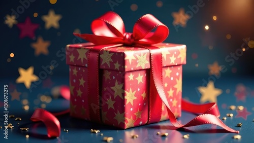 A festive gift in a colorful package with a bow. There are brilliant stars all around. An atmosphere of joy and magic. It is ideal for greeting cards, gift blogs, New Year and holiday cards.