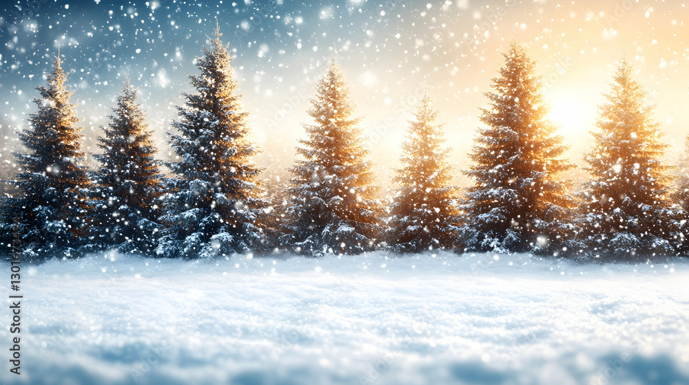 Fototapeta premium Snowy winter sunrise forest scene