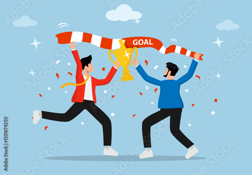 Businessmen achieve success, achieve, succeed in business performance or victory, or achieve career success. Two successful entrepreneurs bring victory trophies. concept of achieving goals or targets.