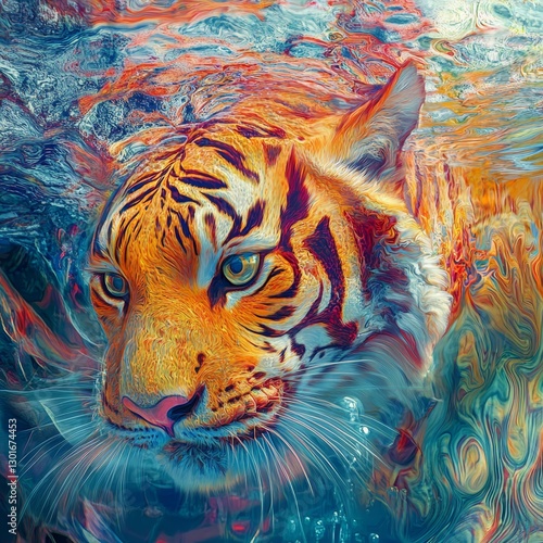 Wallpaper Mural Tiger in water. Colorful abstract background. Computer collage. Torontodigital.ca