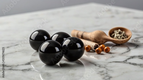Traditional form of Chinese medicine in small black balls. On marble surface, with copy space on the left.