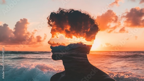 Sunset Beach Profile Silhouette with Cloudscape Mind