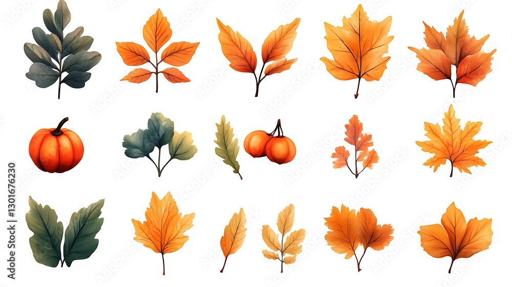 Fototapeta premium Autumn leaves, pumpkins floating on white