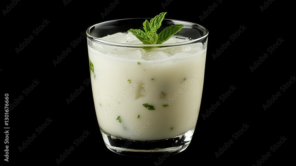 Refreshing mint yogurt drink in glass on black background Refreshing mint yogurt drink in glass on black background