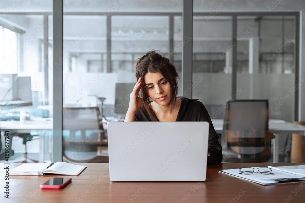 Focused young businesswoman looking at laptop pc computer screen having headache, migraine. Latin business woman holding hand near temples, feeling stressed and tired sitting at workplace in office Focused young businesswoman looking at laptop pc computer screen having headache, migraine. Latin business woman holding hand near temples, feeling stressed and tired sitting at workplace in office