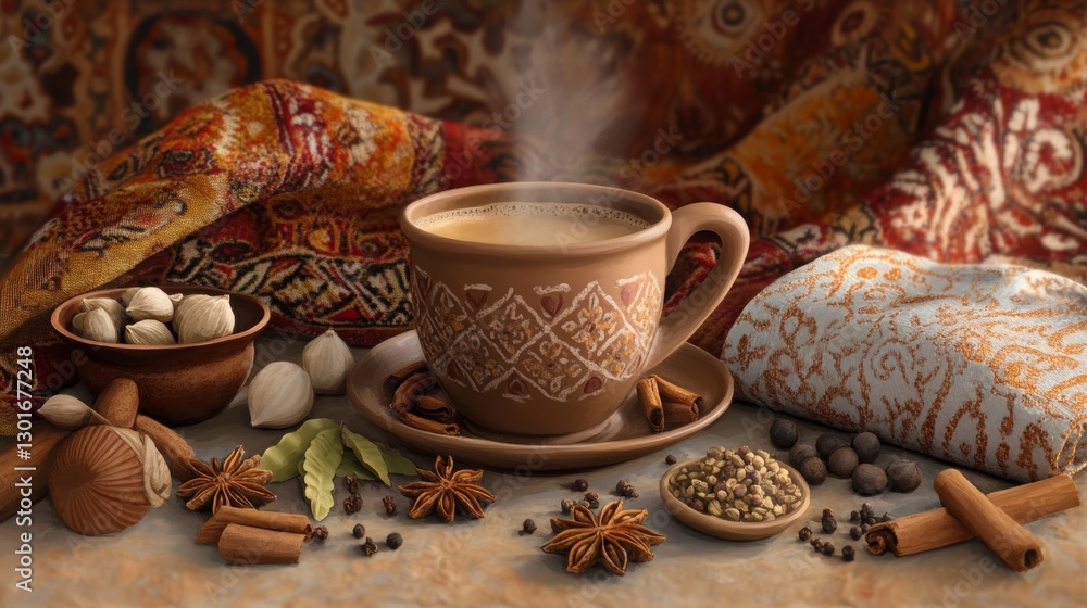 Fototapeta premium Steaming cup of masala chai surrounded by aromatic spices and vibrant textiles in a cozy setting