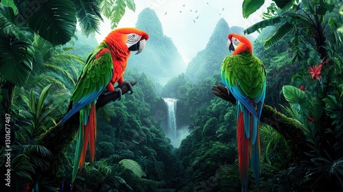 Wallpaper Mural Stunning digital painting depicting two vibrant red and green parrots perched on a tree branch in a lush verdant tropical rainforest landscape Torontodigital.ca