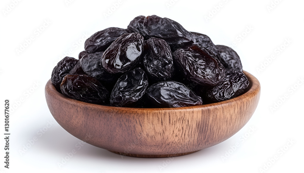 Tasty dried plums (prunes) in wooden bowl on white background Tasty dried plums (prunes) in wooden bowl on white background