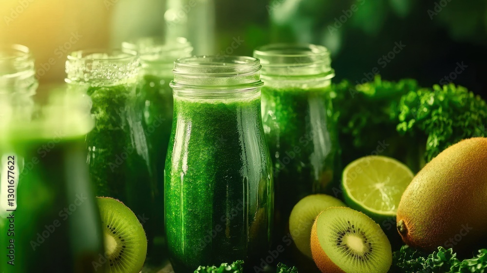 Green smoothies in bottles, healthy drinks, vibrant produce, and kitchen setting Green smoothies in bottles, healthy drinks, vibrant produce, and kitchen setting