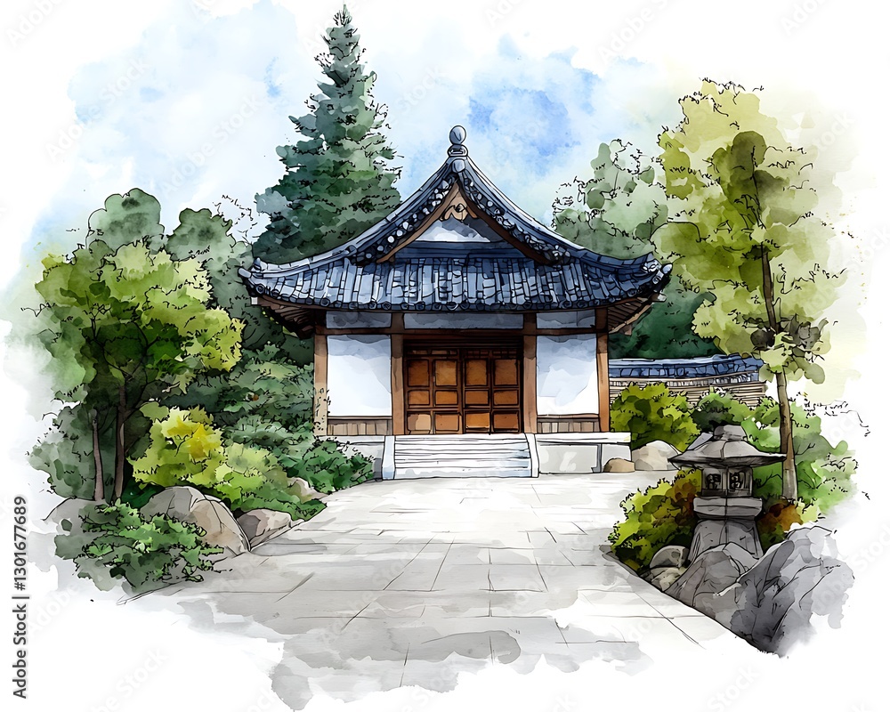 Fototapeta premium Temple stands in a lush garden; trees in background; graphic design element or travel ad use