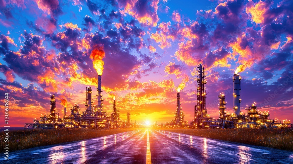Impressive view of a high tech oil refinery at dusk with a vibrant cloudscape and countless lighting structures illuminating the industrial landscape Impressive view of a high tech oil refinery at dusk with a vibrant cloudscape and countless lighting structures illuminating the industrial landscape